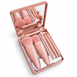 5-Piece Travel Makeup Brush Set with Mirror for Daily Touch-Ups – Compact Foldable Makeup Kit for Purse and Travel