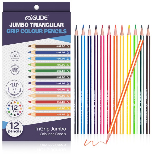 Eziglide Jumbo TriGrip Colouring Pencils, Pack of 12 Triangular Pencils,