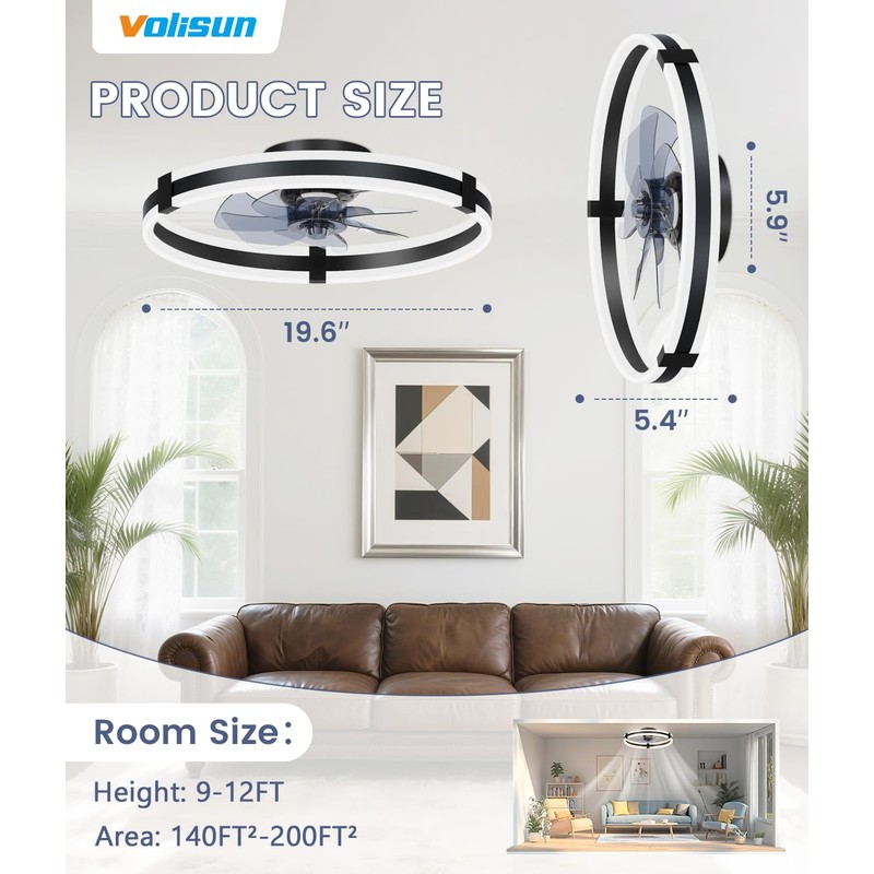 VOLISUN Ceiling Fans with Lights and Remote, 19.7in Low Profile