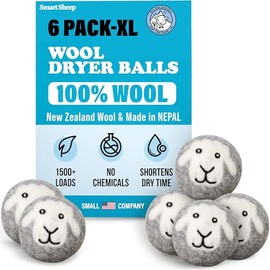 Smart Sheep Bolas de lana para secadora – Paquete de 6 – Suavizante de tela natural XL Premio Premio – Bolas de lana que sustituyen a las hojas de secadora – Bolas de lana para secadora – Pelotas de