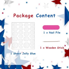 24Pcs 4th of July Press on Nails Short Square Fake Nails with Red Blue Star Rhinestone Charms Design Independence Day Glue on False Nail Glitter French Tip Artificial Stick on Nail for Women