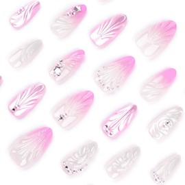 Summer Press on Nails Medium Almond Fake Nails with 3D Pearl Water Ripple Design Seashell Glue on Nails Ombre Pink Nude False Nails Glossy Reusable Handmade Nails for Women Girls Manicure 24pcs