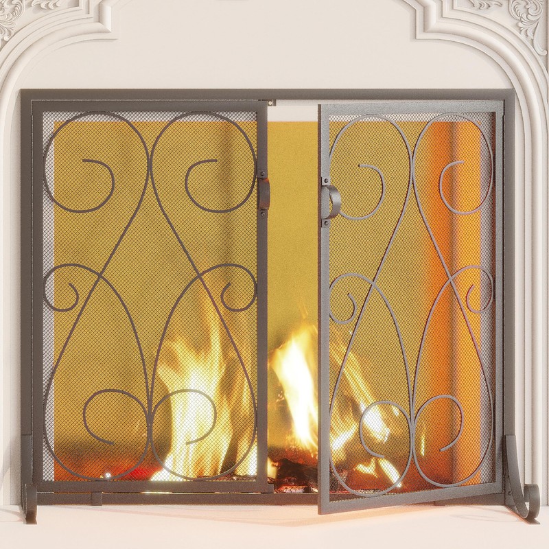 Kingson 2-Panel Fireplace Screen with Doors Handcrafted Wrought Iron Decorative