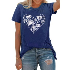 Floral T Shirts for Women Cute Dandelion Graphic T Shirts Heart Wildflower T-Shirts Trendy Vacation Holiday Outdoor Yoga Tops, Dark Blue Small