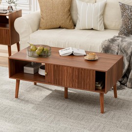 LCRBOL Fluted Coffee Table with Storage, Mid Century Dining Table with Sliding Door Panel and Solid Wood Legs, Small Coffee Tables for Living Room, Walnut