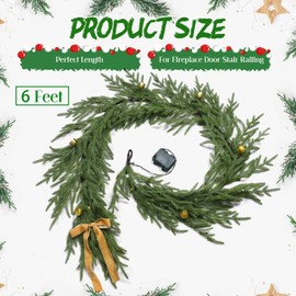 Rocinha 6FT Real Touch Norfolk Pine Garland Christmas Garland with Lights and Bell Battery Operated Prelit Garland Christmas Decorations for Mantle Fireplace Xmas Garland Home Decor