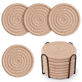Cotton Woven Coasters with Holder - Absorbent Coasters Set of 8 for Table Protection, Home Decor, Glasses, Cups, Bar, Housewarming Gift