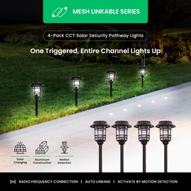 Mesh Linkable Series 4-Pack Solar LED Security Pathway Light w/ LiFePO4 Battery, 300LM, Auto-Linking, 110°x16 ft Motion Detection, CCT 3000K/4000K/5000K, 4-Channel Settings, Stainless Steel