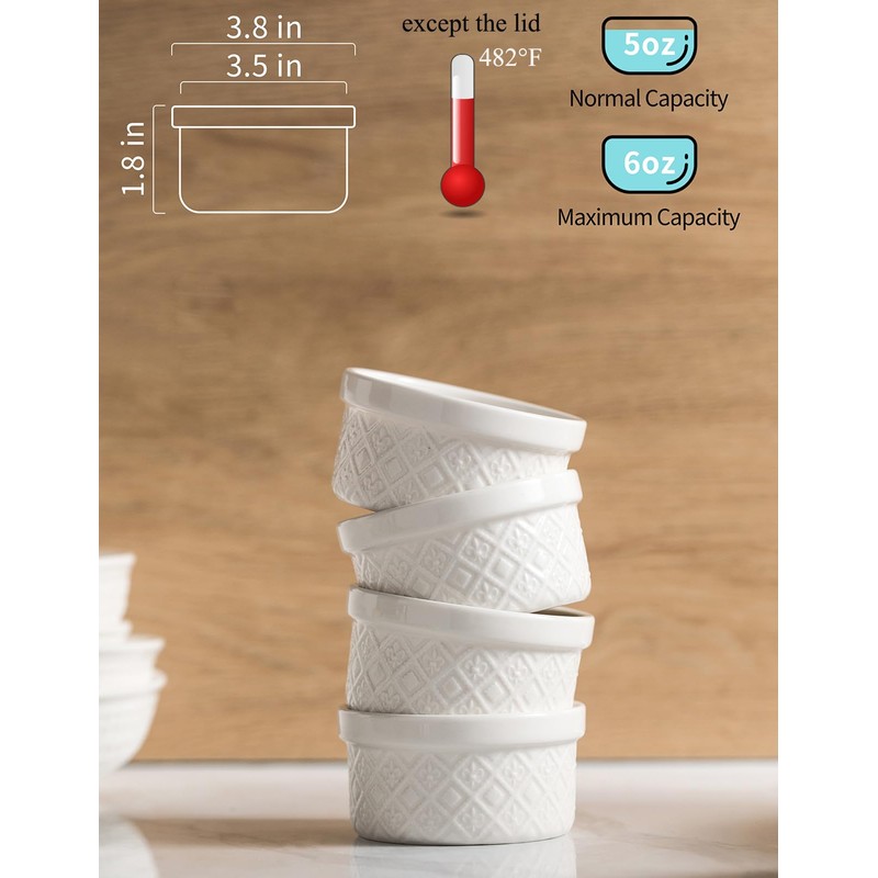 MISSYSSIM Ramekins 6 oz with Lids Oven Safe, Small Creme