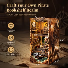 FUNPOLA 3D Wood Puzzle Book Nook Kit, Pirate Bookshelf Insert with LED Lights, DIY Pirate Miniature Bookend Décor for Display, Unique Craft Gift for Adults and Teens (New World)