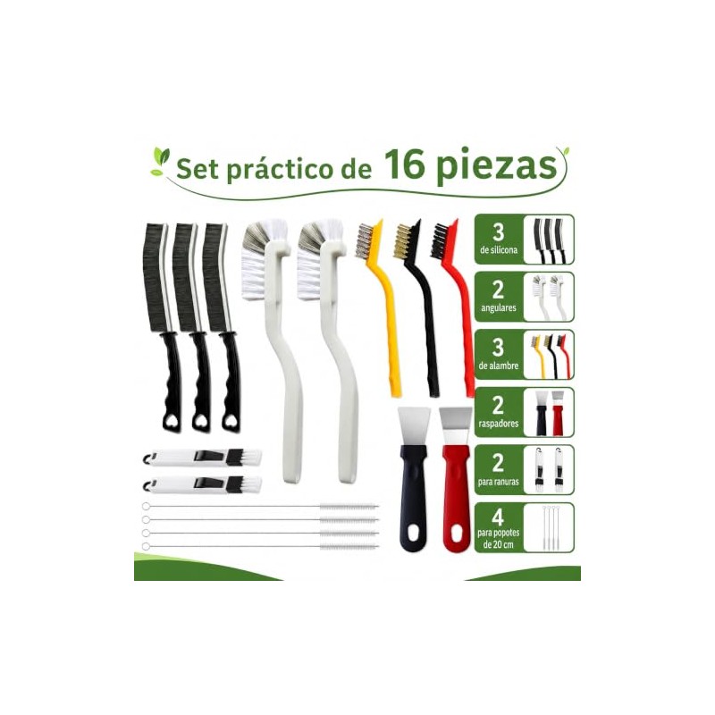 Cepillo de Limpieza 16 Piezas, Kit para Grietas, Cocina, Baño
