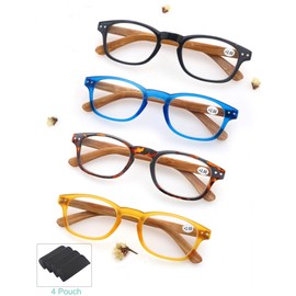 MODFANS 4 Pack Reading Glasses Fashion Wood-Look Spring Hinges Stylish Readers Men Women