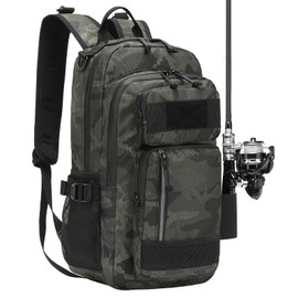 SUIKIHUM 35L Fishing Backpack with Rod Holder, Waterproof Tackle Sling Crossbody Bag with Multi Pocket for Fishing Camping Hunting Hiking, Army Green Camouflage