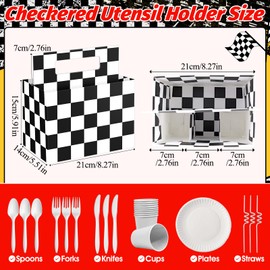 2PCS Checkered Utensil Holder Disposable Utensil Caddy for Cars Birthday Party Supplies Cutlery Holder with Handles for Birthday Party Decorations Cutlery Caddy for Cups Spoons Forks Napkins Plates