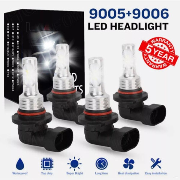 AJHGFOW 4x Combo 9005+9006 LED Headlight High/Low Beam Bulbs Kit