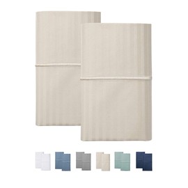 Feather & Stitch Pillow Covers Set of 2, Envelope Closure King Size Pillowcases, Soft Luxury 500TC Damask Stripe Sateen Weave Pillow Case, 20x40 Inches - Beige