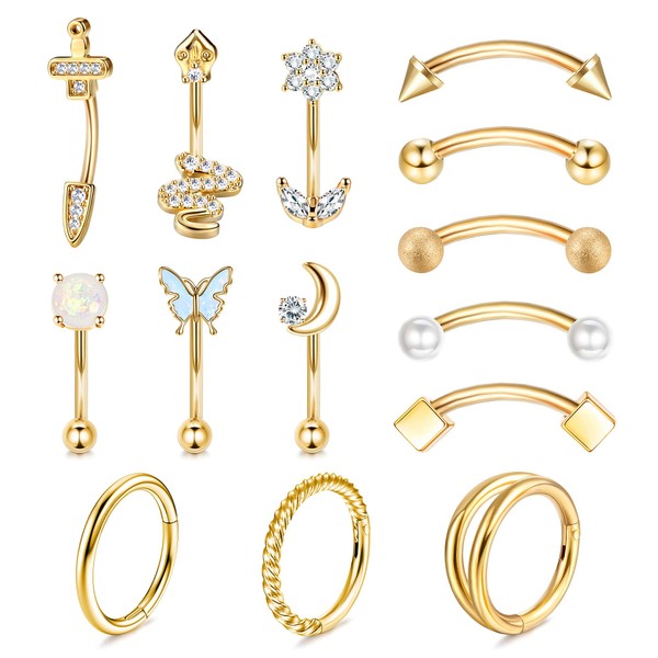 ORAZIO 14 PCS Rook Piercing Jewelry Surgical Steel Eyebrow Piercing 16G Rook Earrings for Women Curved Barbells Eyebrow Rings Belly Lip Ring Cartilage Daith Helix Tragus Body Piercings-14G