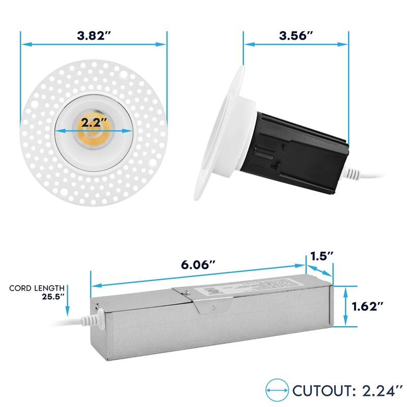LUXRITE 1 Inch LED Trimless Recessed Lighting with Junction Box,