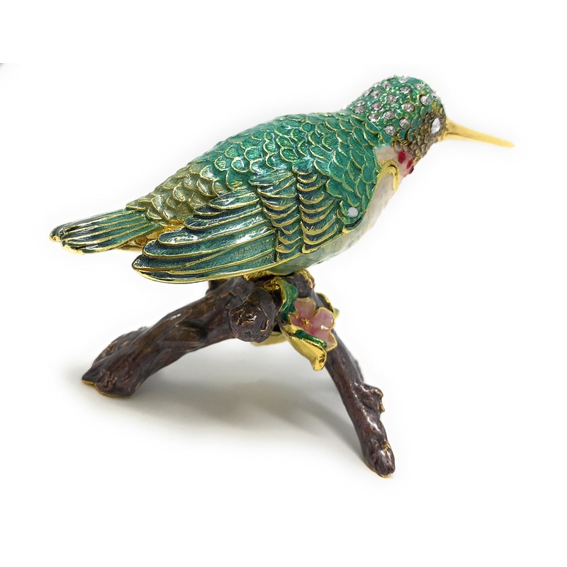 Kubla Crafts Enameled Green Hummingbird on Branch Trinket Box, Accented