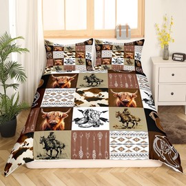 Western Highland Cow Decor Duvet Cover Wild West Cowboy Bedding Set for Kids Boys Girls Teens Room Decor Rodeo Cowboy Comforter Cover Set Queen Size Brown White Bedspread Cover 3Pcs Zipper