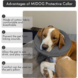 MIDOG Dog Cone Collar, Inflatable Dog Neck Donut Collar Alternative After Surgery, Soft Protective Recovery Cone for Small Medium Large Dogs and Cats Puppies - Alternative E Collar (Gray, M+)