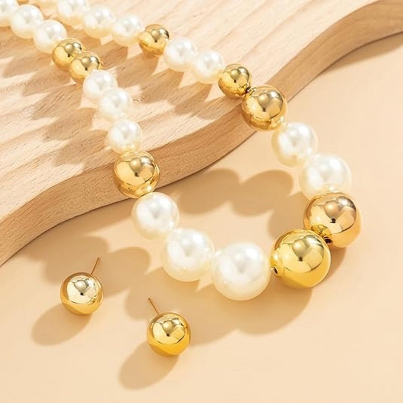 KONPJE - Juego de collar de perlas grandes para mujer,
