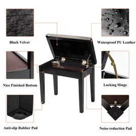 Bonnlo Padded Wooden Piano Bench with Music Storage Keyboard Stool Artist Benches Stool Tufted Seat,Black