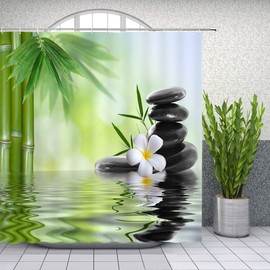 Zen Garden Shower Curtain Spa Green Bamboo Black Stone White Flower Bathroom Decor Supplies Shower Curtains Sets Machine Washable Polyester Fabric 70 x 70 Inch with Hooks