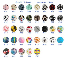 Decoendiy 50Pcs Silicone Printed Beads 15mm, Leopard Cow Animal Print Beads, Flower Leaves Plaid Beads, Loose Round Silicone Spacer Beads, for Adults DIY Crafts Supplies (#7)