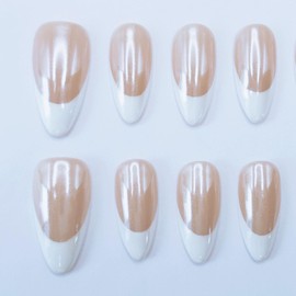 Handmade Press on Nails Medium Almond Fake Nails Nude White Glitter False Nails Luxury Full Cover Stick on Nails Glue on Nails French Nails Acrylic Nails for Women Girls (Nude Glitter S)