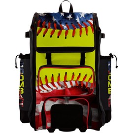 Boombah Rolling Catchers Superpack Bat Bag - 23-1/2" x 13-1/2" x 9-1/2" - Telescopic Handle - Holds 4 Bats - Wheeled Version - USA Softball Represent Red/Royal Blue/Optic Yellow