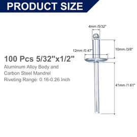 sourcing map 100Pcs 5/32"x3/8" Aluminum Blind Rivets, Aluminum Grip and Steel Mandrel, Large Flange Fastener Rivets for Metal, Furniture, Automotive, Silver