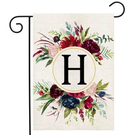 Monogram Letter H Garden Flags, Summer Garden Flag 12x18 Double Sided Floral Yard Flags Small Burlap Family Last Name Initial Garden Flag for Outside Decorations(H)