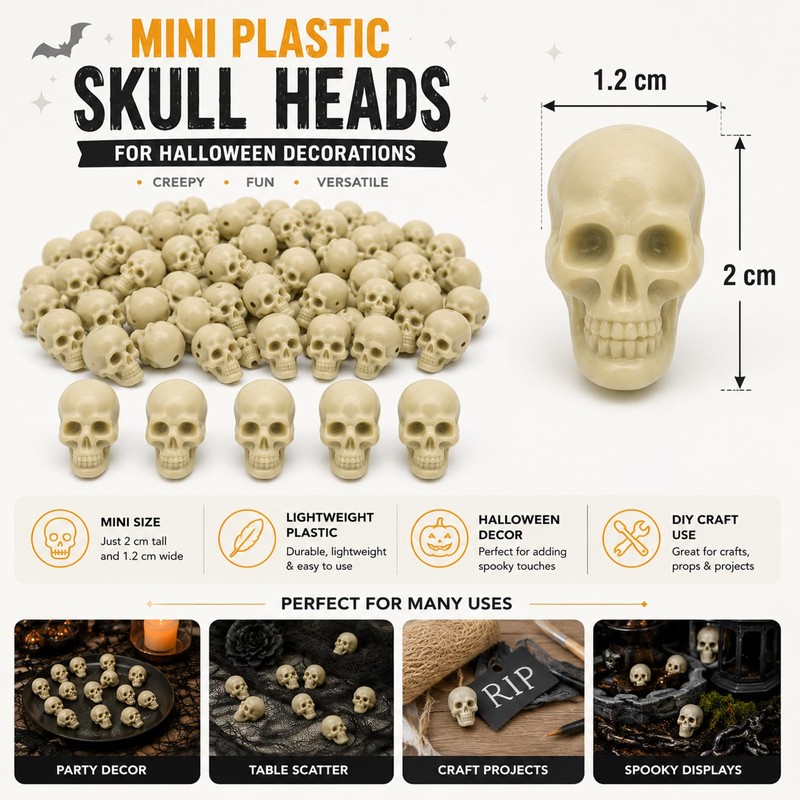 Derkiua 100pcs Mini Plastic Skull Heads for Halloween Decorations