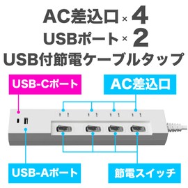 Hikari Terrace PD Compatible, Power Saving Switch with Shutter, Lightning Guard, USB Included, Type-C 20 WPD Output, USB Tap, 4 AC Outlets, 1 x USBA, 1 USB Type-C, Dust Shutter Included, 6.6 ft (2 m)