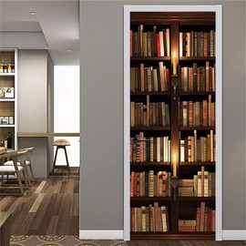 artfanke 3D Retro Book Shelf Door Sticker Peel and Stick - self-Adhesive Door Wraps Murals Fridge Wallpaper - Waterproof PVC Door Decal for Living Room Bedroom Decoration 30.3"x78.7"