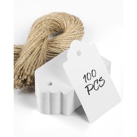Uniclife 100 Pcs White Paper Tags with String Writable Cardstock Price Tags with Jute Twine Hang Tags for DIY Crafts Clothing Christmas Wedding Birthday Blank Merchandise Marking Tags, 2.76" x 1.55"
