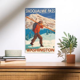 Lantern Press 12x18 Inch Premium Wood Sign, Ready to Hang Wall Decor, Skier Carrying Snow Skis, Snoqualmie Pass, WA