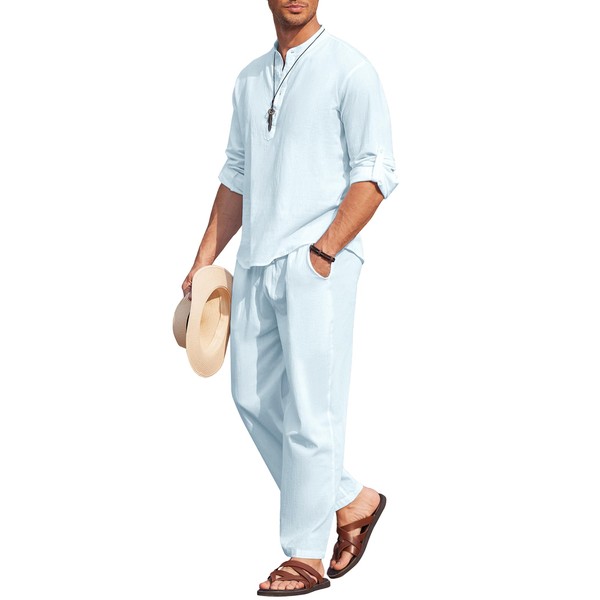 COOFANDY - Conjunto de 2 piezas de algodón y lino para hombre, camisas Henley de manga larga, pantalones casuales de playa con bolsillos, trajes de yoga para verano, Azul/claro, 3X-Large