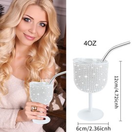 INSTOME Rhinestone Stainless Steel Wine Glasses,4oz Bling Stemmed Stainless Steel Wine Tumbler with Lid and Straw for Camping,Picnics,Travel,Birthday Gifts for Family (silver, 4oz)