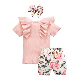 Baby Girls Summer Clothes Set Newborn Ruffle Romper + Floral Shorts + Headband Outfits Infant Short Sleeve Shirts Pants (Pink, 18-24M)
