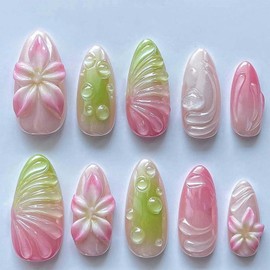 ONPRESS 30Pcs Pink Flower Press on Nails Medium Almond Fake Nails with 3D Petal Heart Design Green Ombre French Tip Acrylic False Nails Mirror Spring Summer Floral Glossy Stick on Nails for Women