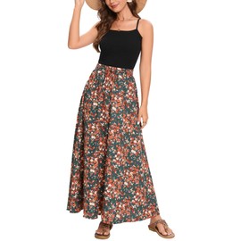 Bluetime Women Flowy Long Skirts Summer Beach Pleated Elastic High Waisted Casual Maxi Skirts (S, Floral25)