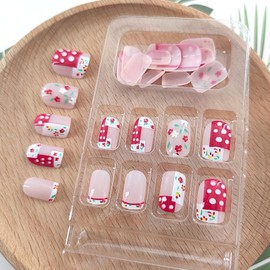 Square Press on Nails Short Fake Nails White French Tip Acrylic Nails Glossy Glue on Nails Cute False Nails with Color Flowers Red White Contrast Dots Designs Light Pink Stick on Nails for Women 24Pcs