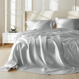 Bedsure Satin Sheets - Soft Satin Bed Sheets Queen Set, 4 Pcs Luxury Silky Sheets, Similar to Silk Sheets, Silver Grey Satin Sheets Queen Size for Hair and Skin, Gifts for Women
