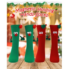 Yawlsow Christmas Holding Hands Socks, 2 Pairs Funny Cute Magnetic Hand Holding Socks for Men Women, Crazy Holiday Winter Socks Xmas Gifts with 3D Doll, Silly Novelty Socks for Couple, Family, Adult