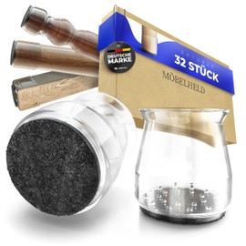 MÖBELHELD® Chair Leg Caps - [100% Transparent] Pack of 32 Chair Leg Protectors with Integrated Felt - Medium Protective Caps for Round and Square Chair Legs - Durable - Premium Felt Gliders for Chairs