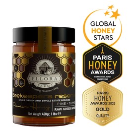 Ellora Farms, Single Estate PDO Raw Greek Honey, Beekeepers Reserve, Raw & Unfiltered Superfood, Gift Pack with Dipper, Pine & Thyme Honey, 16 oz/ 450 gr