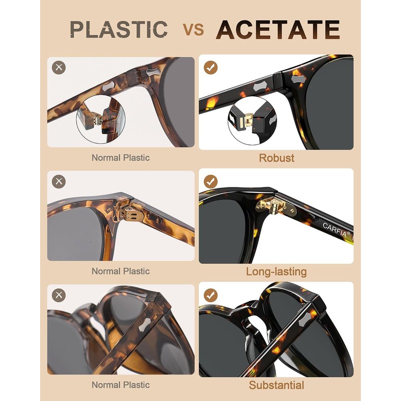 CARFIA Gafas de sol de acetato polarizadas para hombre Retro