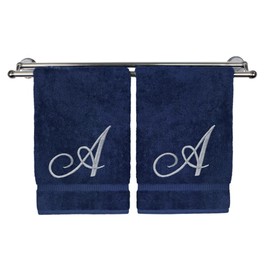 Pretty Monogrammed Navy Blue Turkish Cotton Bath Hand Towel Set of 2 with Embroidered Silver Script A | 16"x 30" Soft Terry Finish Extra Absorbent Quick Dry Luxury Bathroom Kitchen Spa Bath Towel